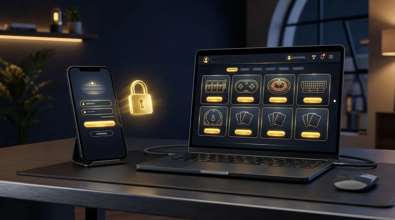 RollXO casino login screen on laptop and smartphone